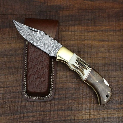 Custom Handmade Damascus Steel Folding Pocket Knife with Rosewood, Antler Horn, and Brass Bolster Handle and Leather Case