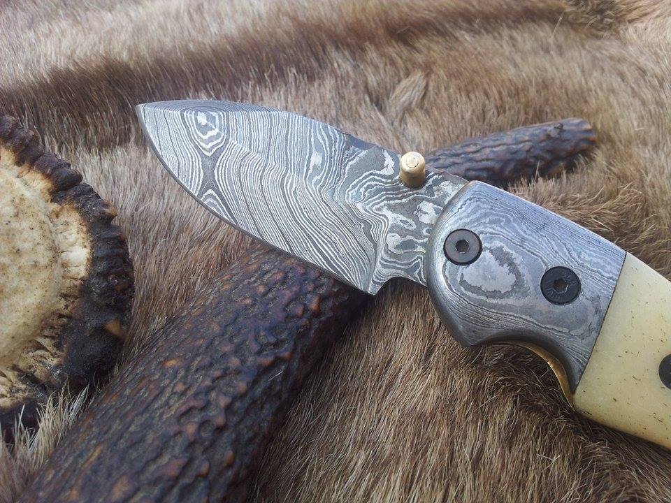 Everyday Carry Damascus Steel Folding Pocket Knife with Bone Handle & Damascus Bolster