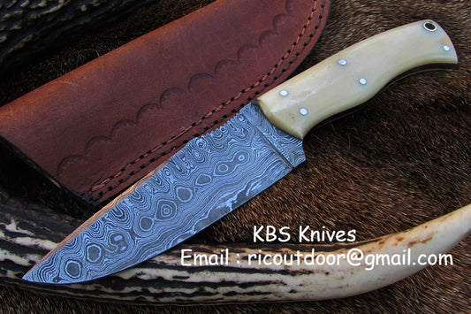 Custom Handmade Damascus Deer Hunting Knife | 10 Inches | Bone Handle | KBS Knives Store