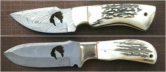 Custom Handmade Deer Hunting Knife with Wolf Wirecut Damascus Blade