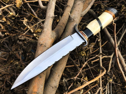 Top Quality Hunting Bowie Knife | D2 Steel Blade | Bone, Buffalo, Wood Handle with Damascus Guard | 13 Inches | Leather Sheath | KBS Knives Store