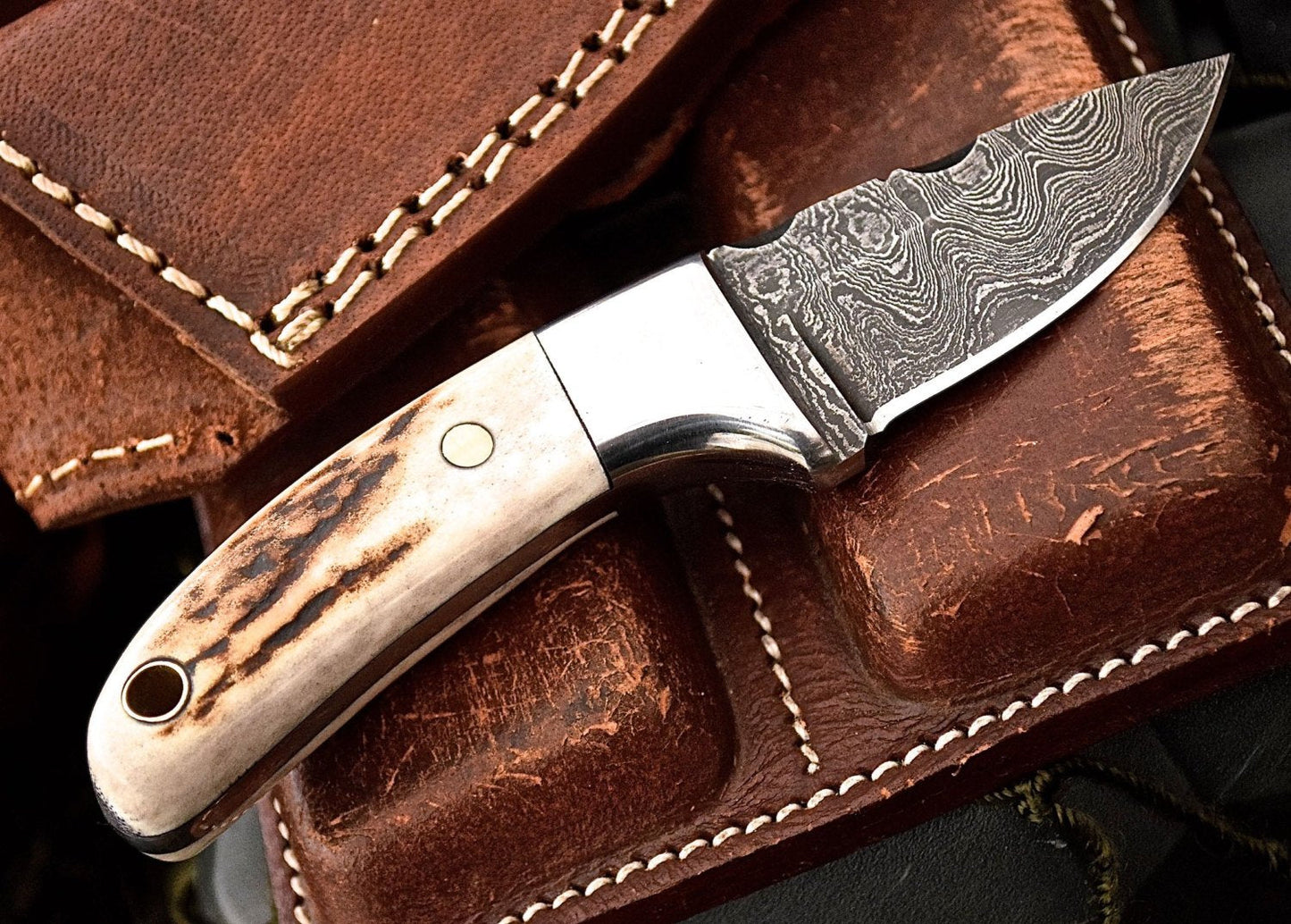 Custom Handmade Damascus New Zealand Red Stag Antler Handle Mini Skinning EDC Small Skinner Neck Knife