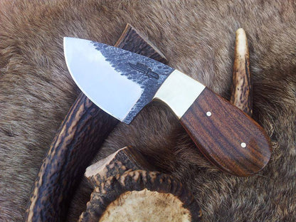 Custom Hand Forged 1095 Field Dressing Deer Skinning Knife – 6 Inch Drop Point Blade with Rosewood Handle and Brass Bolster