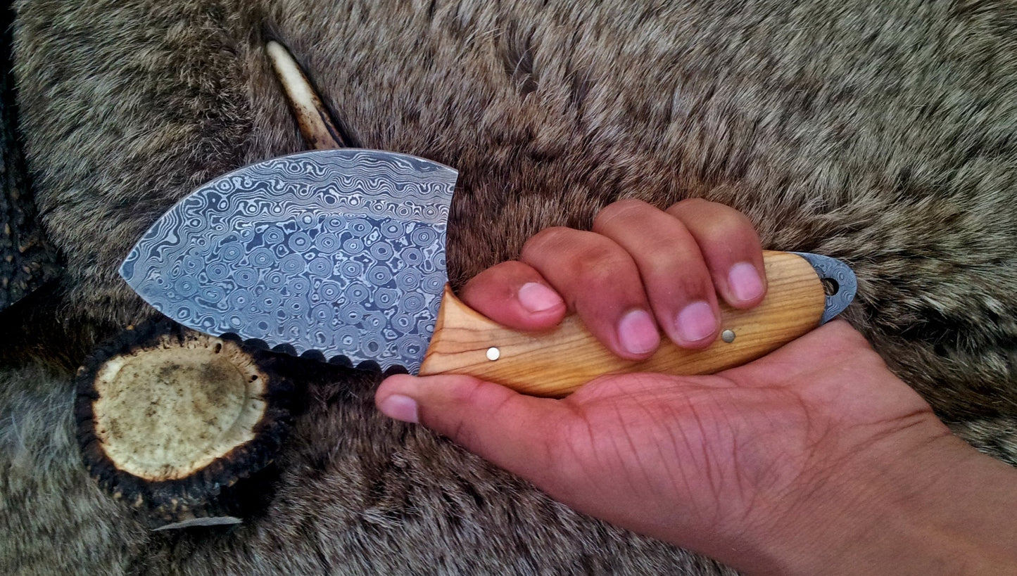 Raindrops Damascus Steel Gut Hook Skinning Knife – 9 Inch Overall Length with Olive Wood Handle