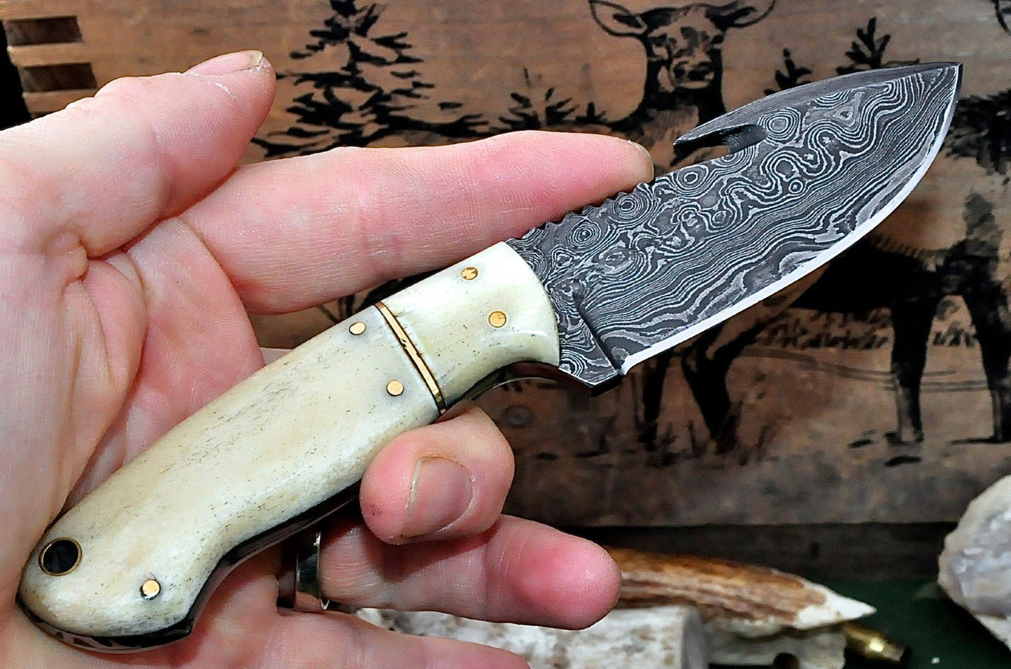 Custom Handmade Damascus Steel Guthook Skinning Knife