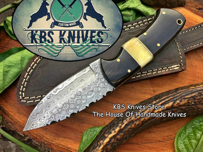 Custom Handmade Raindrop Damascus Steel Hunting EDC Skinning Knife