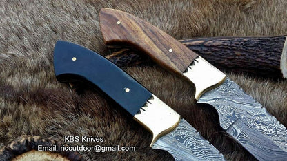 Deal of 2 Custom Handmade 9-Inch Damascus Fixed-Blade Hunting Knives - Rosewood & Buffalo Horn | KBS Knives Store