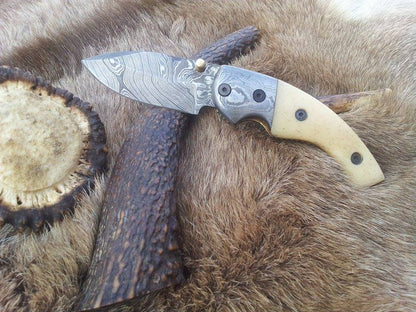 Everyday Carry Damascus Steel Folding Pocket Knife with Bone Handle & Damascus Bolster