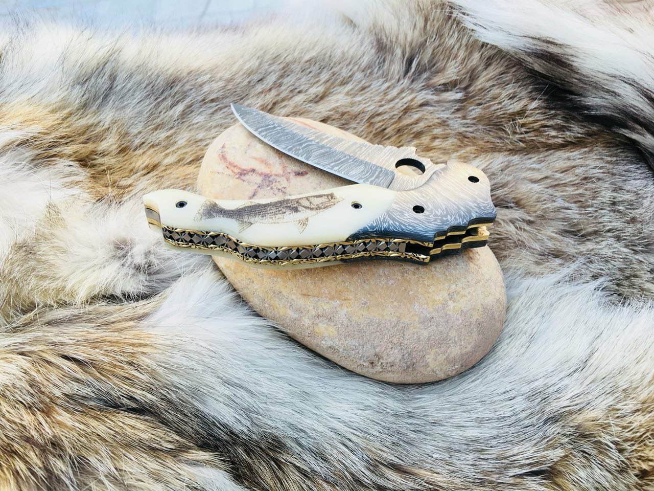 Custom Handmade Damascus Steel Unique Folding Pocket Knife with Engraved Bone Handle and Leather Case