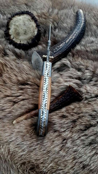 Everyday Carry Damascus Steel Folding Pocket Knife with Olivewood Handle – The Woodland Edge