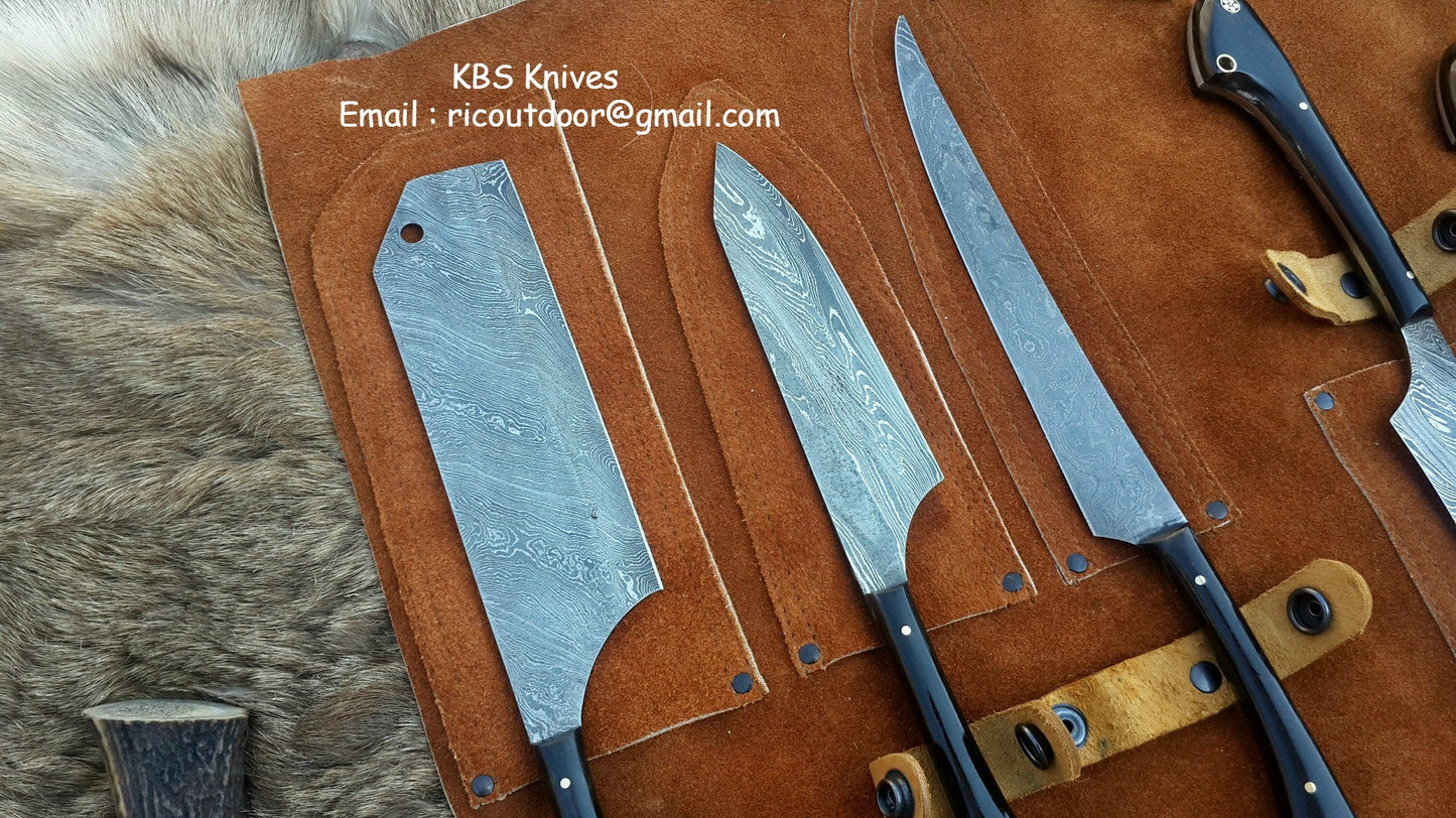 Custom Damascus Steel Hunting Knives Set – Buffalo Horn Handles