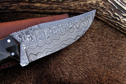 Custom Handmade 8-Inch Damascus Deer Hunting Knife with Buffalo Horn Handle | KBS Knives Store