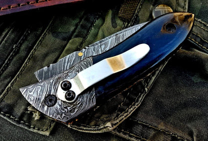 Custom Handmade Damascus Steel Folding Knife With Pocket Clip
