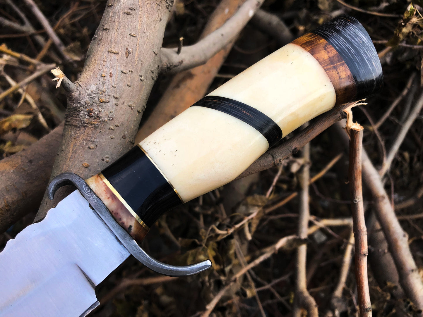 Top Quality Hunting Bowie Knife | D2 Steel Blade | Bone, Buffalo, Wood Handle with Damascus Guard | 13 Inches | Leather Sheath | KBS Knives Store