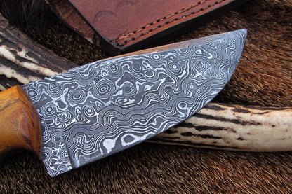 8.5-Inch Damascus Steel Drop Point Skinning Knife with Native Wood Handle