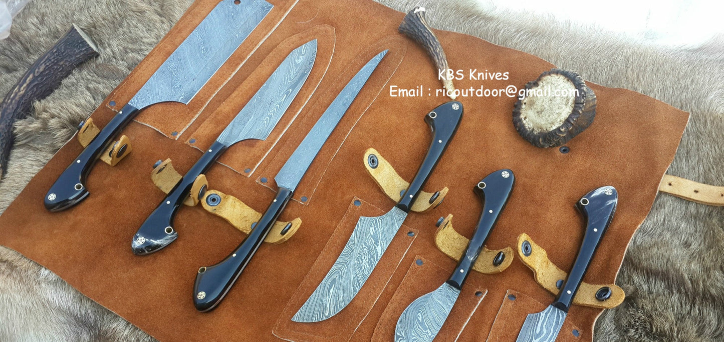 Custom Damascus Steel Hunting Knives Set – Buffalo Horn Handles