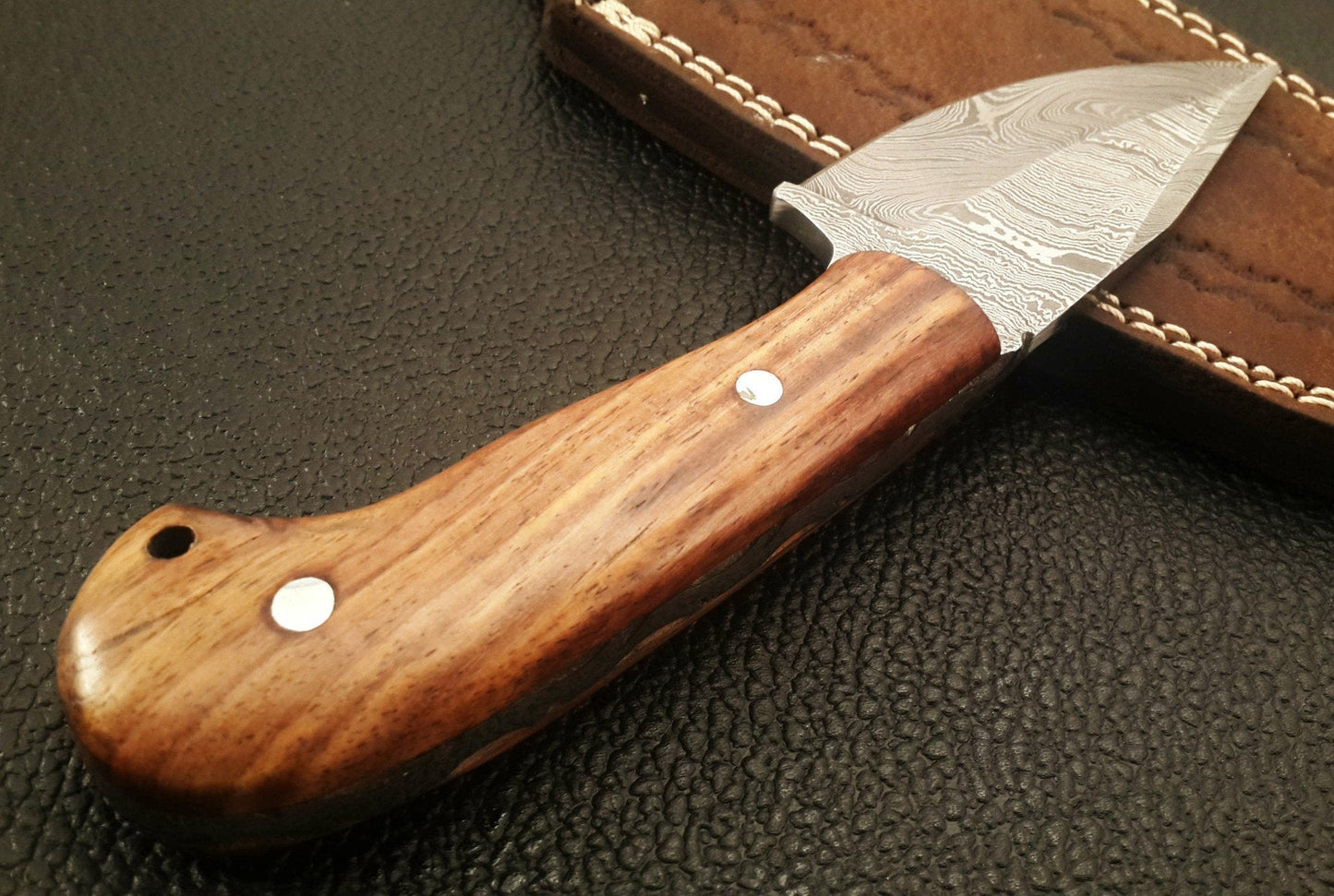 Custom Handmade Damascus Skinning Knife with Olive Wood Handle