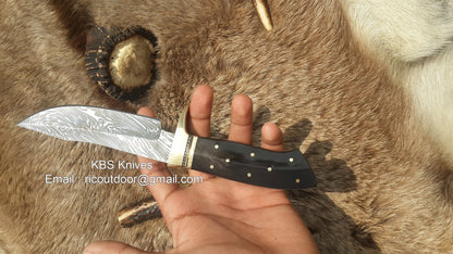 Custom Handmade 9-Inch Damascus Fixed-Blade Hunting Knife with Buffalo Horn Handle & Brass Guard | KBS Knives Store