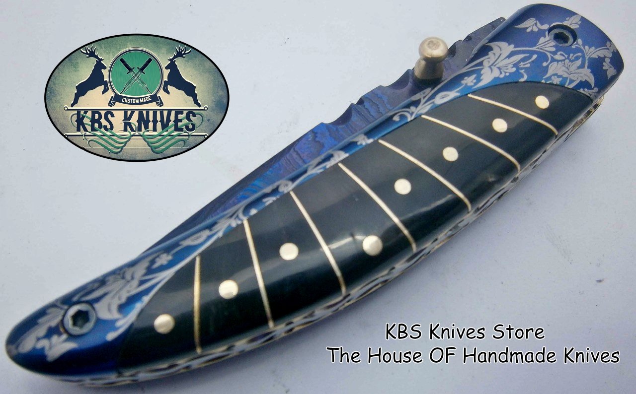 New Custom Handmade Patina-Color Damascus EDC Folding Knife