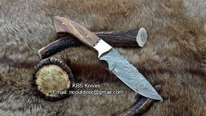"Timber Strike" Custom Handmade Damascus Fixed-Blade Hunting Knife, 9-Inch with Rosewood Handle | KBS Knives Store