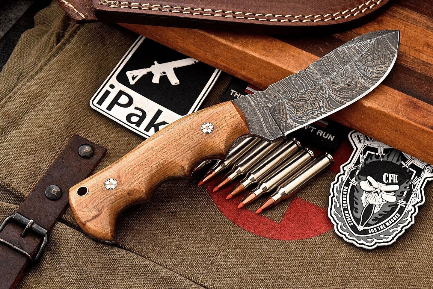 Custom Handmade Damascus Olive Wood Skinning Hunting Skinner EDC Knife