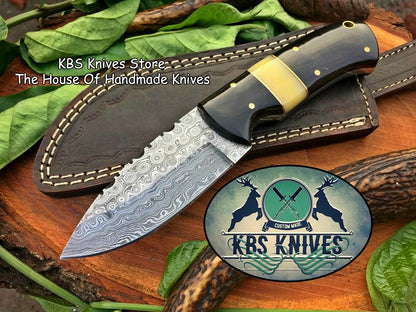 Custom Handmade Raindrop Damascus Steel Hunting EDC Skinning Knife