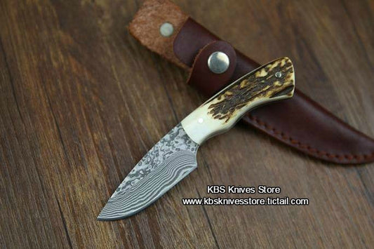 Custom Handmade Twist Damascus New Zealand Red Stag Hunting Skinning Knife