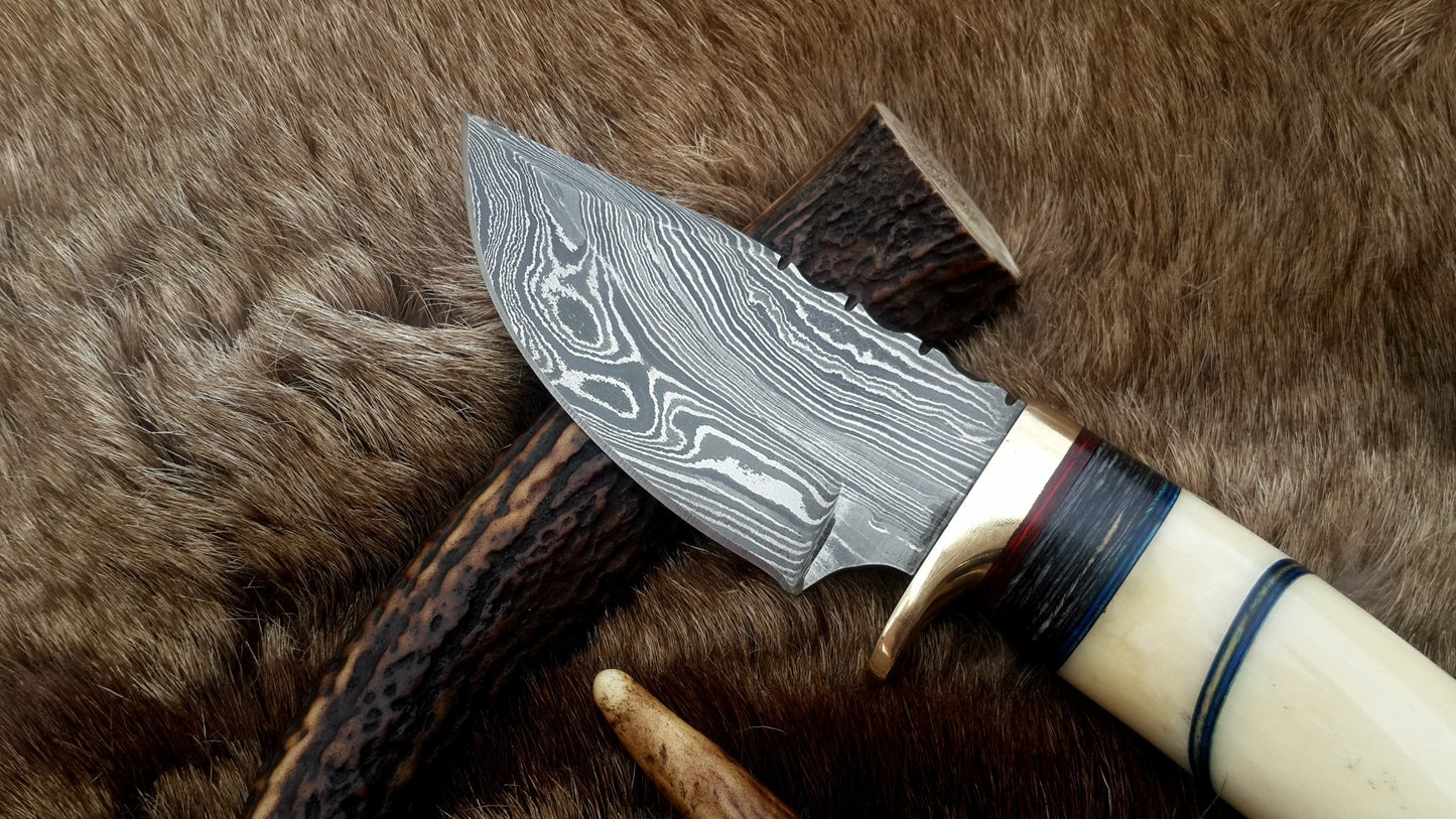 The Artisan's Blade: Custom Handmade Damascus Steel Hunting Knife | Camel Bone & Brass Accents | 9 Inches | KBS Knives