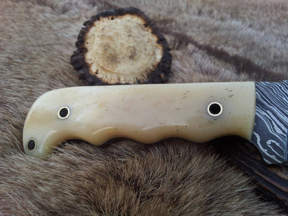 The Wilderness Edge: Custom Handmade Damascus Steel Outdoor Hunting Knife | Bone Handle | 10 Inches | KBS Knives