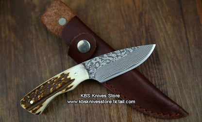 Custom Handmade Twist Damascus New Zealand Red Stag Hunting Skinning Knife