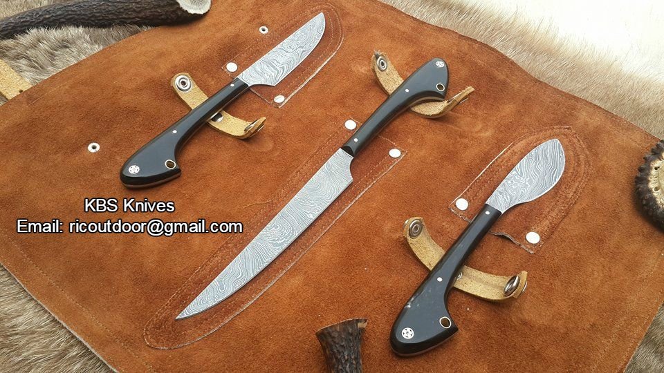 Outdoor Edge Knife Sets – 3-Piece Damascus Steel Hunting Kit with Buffalo Horn Handles