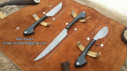 Outdoor Edge Knife Sets – 3-Piece Damascus Steel Hunting Kit with Buffalo Horn Handles