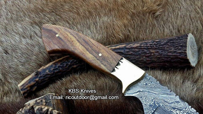 "Timber Strike" Custom Handmade Damascus Fixed-Blade Hunting Knife, 9-Inch with Rosewood Handle | KBS Knives Store