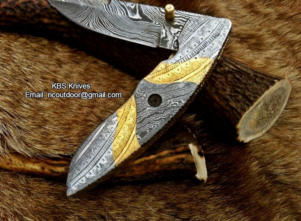 Everyday Carry Hand Engraved Damascus Steel Folding Pocket Knife with Steel & Brass Handle – The MasterCraft