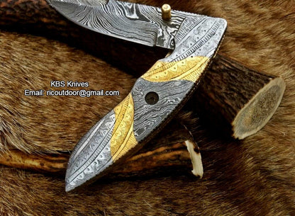 Everyday Carry Hand Engraved Damascus Steel Folding Pocket Knife with Steel & Brass Handle – The MasterCraft