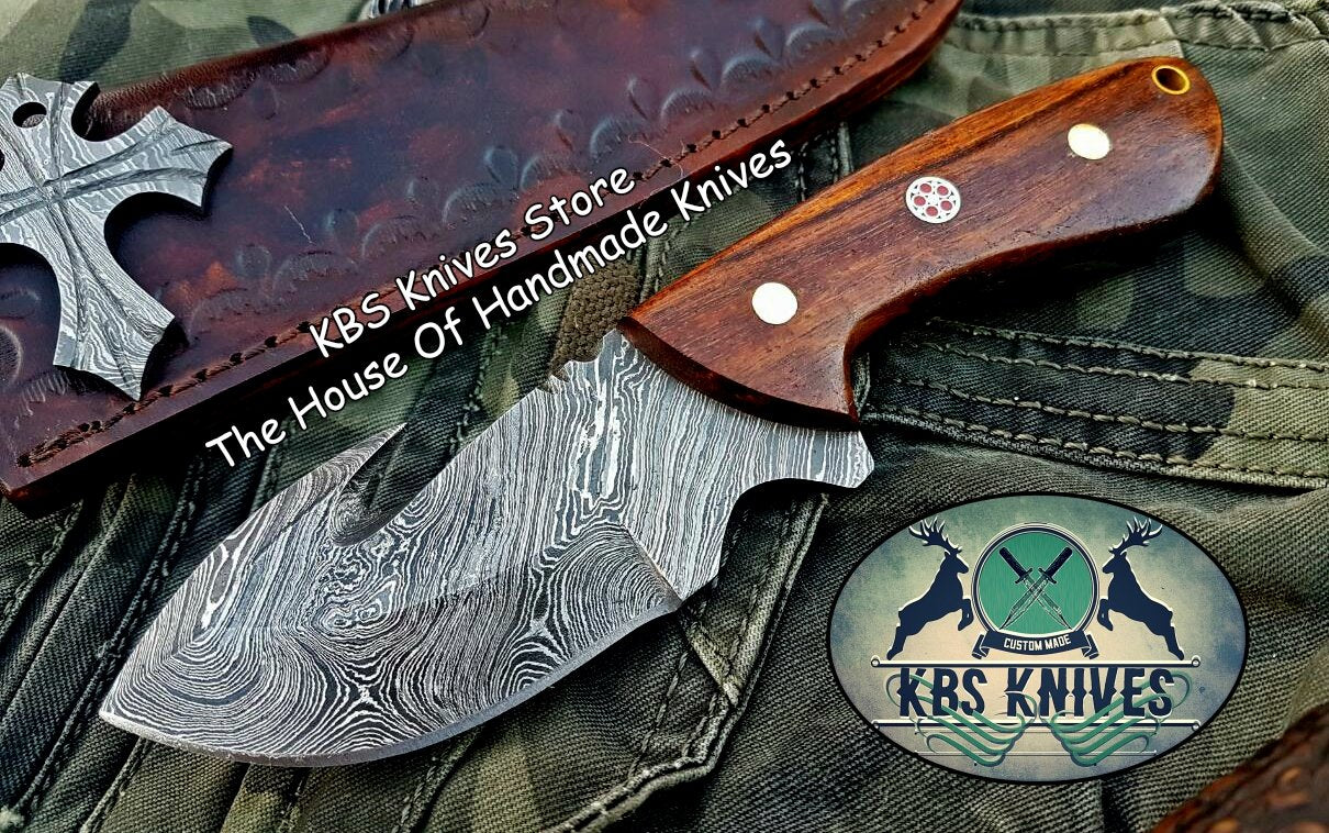 Custom Handmade Damascus Steel Guthook Skinning Knife