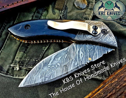 Custom Handmade Damascus Steel Folding Knife With Pocket Clip