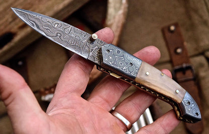 Everyday Carry Damascus Steel Pocket Knife - Buffalo Horn Excellence