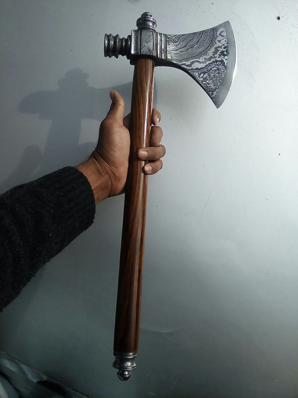 Damascus Steel Handmade Custom Viking Smoke Pine Tomahawk Axe with Rosewood Handle and Leather Sheath - By KBS Knives Store