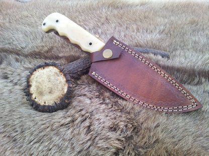 The Wilderness Edge: Custom Handmade Damascus Steel Outdoor Hunting Knife | Bone Handle | 10 Inches | KBS Knives