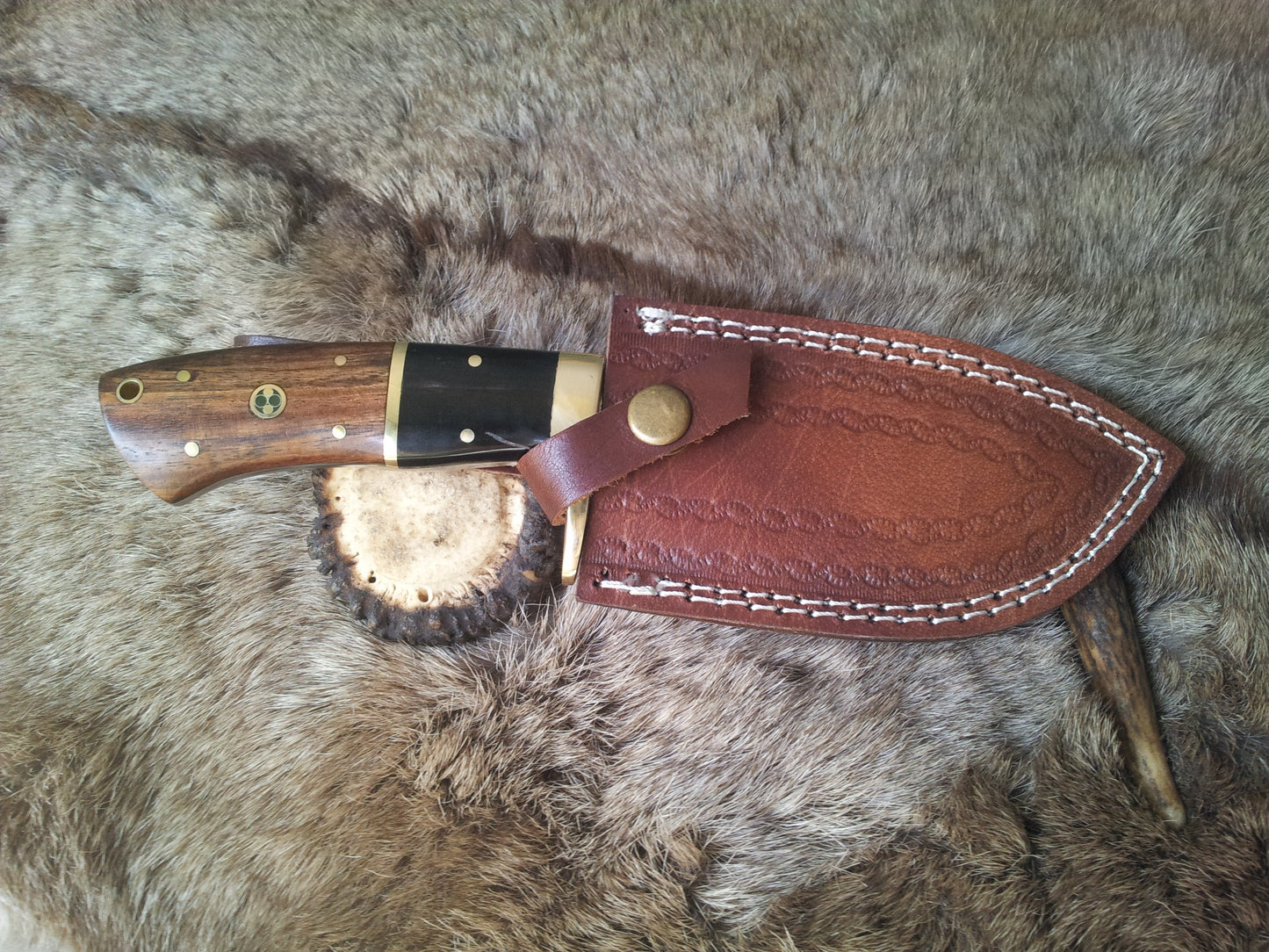 Fixed Blade Guthook Knife - 1095 High Carbon Steel & Rosewood/Buffalo Horn Handle