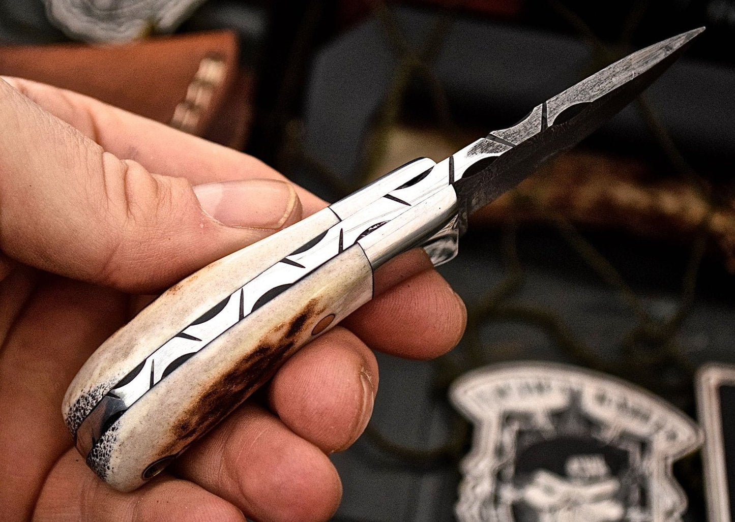 Custom Handmade Damascus New Zealand Red Stag Antler Handle Mini Skinning EDC Small Skinner Neck Knife