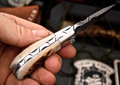 Custom Handmade Damascus New Zealand Red Stag Antler Handle Mini Skinning EDC Small Skinner Neck Knife