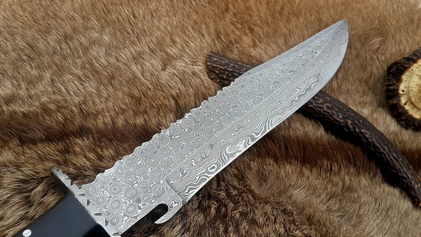 Custom Handmade Wild Pig Hunter Bowie Knife with Raindrops Damascus Steel Blade and Black Micarta Handle - 16 Inches