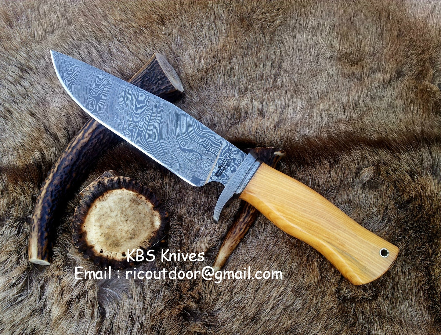 Custom Handmade Damascus Hunting Knife | Olivewood Handle with Damascus Guard | 12 Inches | Leather Sheath | KBS Knives