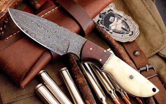 Custom Handmade Damascus Deer Skinning Knife – Rosewood & Bone Handle, 8.5" with Leather Sheath