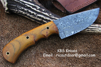 8.5-Inch Damascus Steel Drop Point Skinning Knife with Native Wood Handle