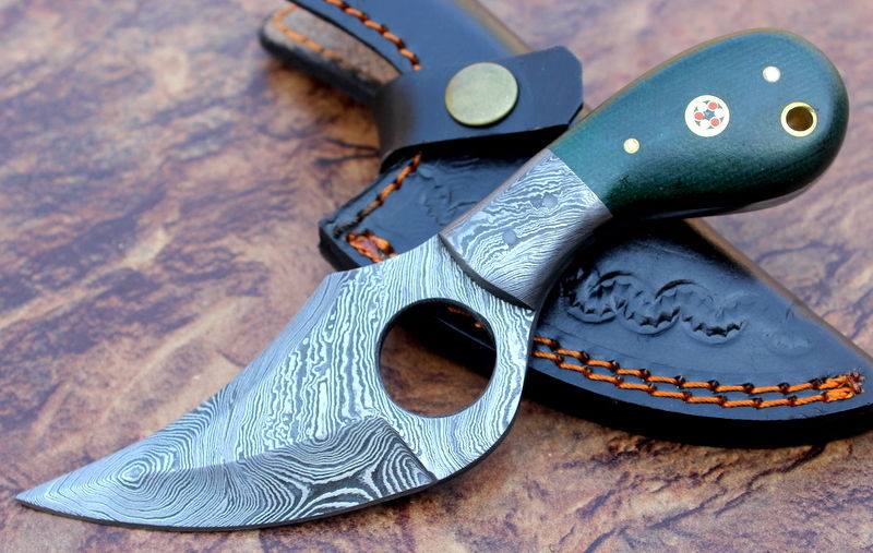 Custom Handmade Damascus Steel Finger Hole Skinner Knife