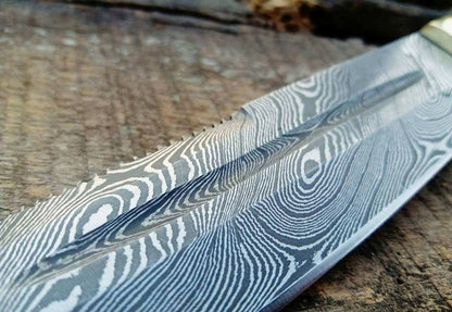 Handcrafted Tanto Hunting Knife in Damascus Steel with Blood Groove