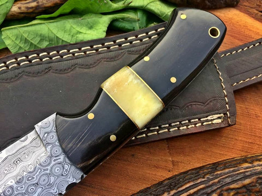 Custom Handmade Raindrop Damascus Steel Hunting Skinning Knife